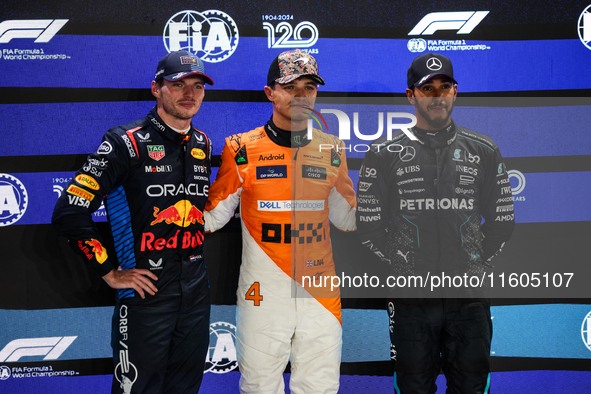 Max Verstappen of Red Bull Racing RB20, Lando Norris of McLaren F1 Team, and Lewis Hamilton of Mercedes AMG F1 Team pose for a portrait duri...