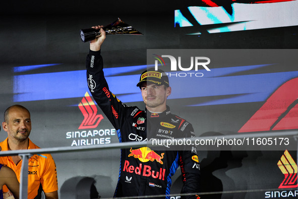 Max Verstappen of Red Bull Racing RB20 celebrates his podium during the Formula 1 Singapore Grand Prix 2024 on the Marina Bay Circuit in Sin...