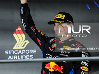 Max Verstappen of Red Bull Racing RB20 celebrates his podium during the Formula 1 Singapore Grand Prix 2024 on the Marina Bay Circuit in Sin...