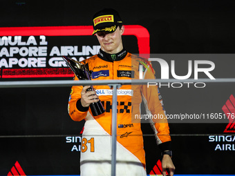 Oscar Piastri of McLaren F1 Team MCL38 celebrates his podium during the Formula 1 Singapore Grand Prix 2024 on the Marina Bay Circuit in Sin...