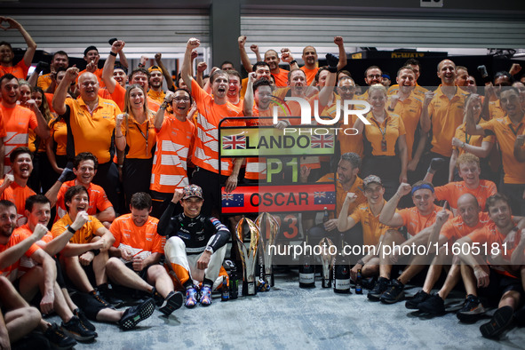 McLaren F1 Team celebrates the victory of Lando Norris and the podium finish of Oscar Piastri during the Formula 1 Singapore Grand Prix 2024...