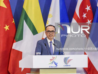 The Deputy Prime Minister and Minister of Cabinet Office of Cambodia delivers a speech at the 21st China ASEAN Expo in Nanning, China, on Se...