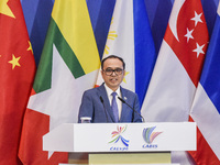 The Deputy Prime Minister and Minister of Cabinet Office of Cambodia delivers a speech at the 21st China ASEAN Expo in Nanning, China, on Se...