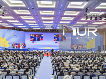 The Malaysian Prime Minister delivers a video speech at the 21st China ASEAN Expo in Nanning, Guangxi, China, on September 24, 2024. (