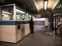 Bloody clothes and crime scene tape are at the scene. A man is stabbed at the East 138th Street and Grand Concourse MTA subway train station...