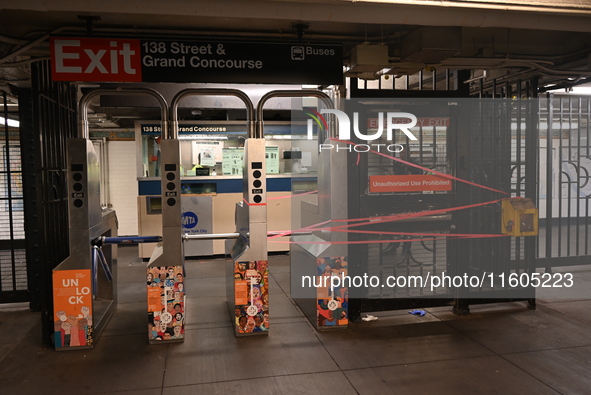 Bloody clothes and crime scene tape are at the scene. A man is stabbed at the East 138th Street and Grand Concourse MTA subway train station...