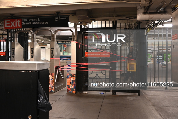 Bloody clothes and crime scene tape are at the scene. A man is stabbed at the East 138th Street and Grand Concourse MTA subway train station...