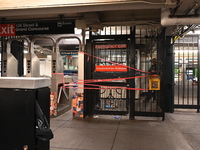 Bloody clothes and crime scene tape are at the scene. A man is stabbed at the East 138th Street and Grand Concourse MTA subway train station...