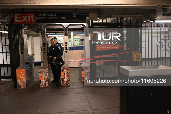 Bloody clothes and crime scene tape are at the scene. A man is stabbed at the East 138th Street and Grand Concourse MTA subway train station...