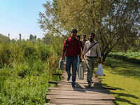 Polling officials walk in the interiors of Dal Lake towards their designated polling station after collecting election materials at a distri...