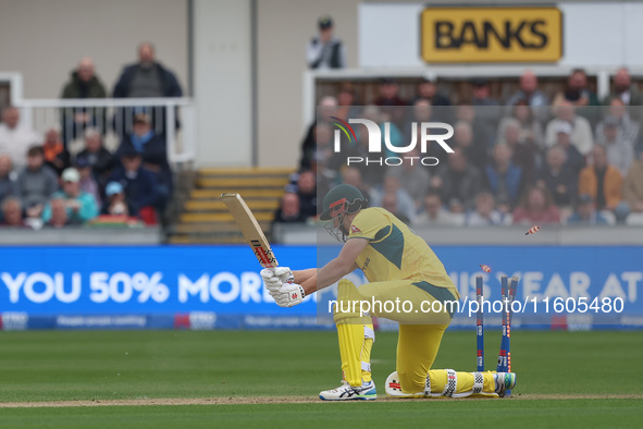 Cameron Green of Australia is bowled off a free hit delivery by England's Brydon Carse during the Metro Bank One Day Series match between En...