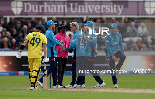 Jacob Bethell of England celebrates taking the wicket of Cameron Green of Australia during the Metro Bank One Day Series match between Engla...