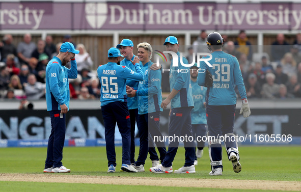 Jacob Bethell of England celebrates taking the wicket of Cameron Green of Australia during the Metro Bank One Day Series match between Engla...