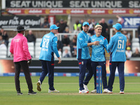 England's Jacob Bethell celebrates with his teammates after getting the wicket of Australia's Cameron Green during the Metro Bank One Day Se...