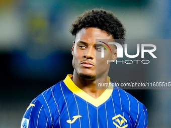 Amin Sarr of Hellas Verona looks on during the Serie A Enilive match between Hellas Verona and Torino FC at Stadio Marcantonio Bentegodi on...