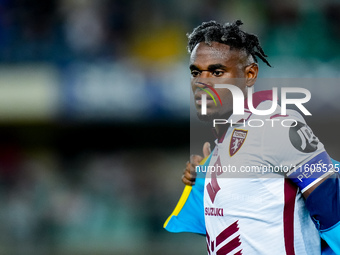 Duvan Zapata of Torino FC looks on during the Serie A Enilive match between Hellas Verona and Torino FC at Stadio Marcantonio Bentegodi on S...