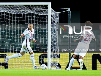 Antonio Sanabria of Torino FC celebrates after scoring first goal during the Serie A Enilive match between Hellas Verona and Torino FC at St...