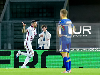 Antonio Sanabria of Torino FC celebrates after scoring first goal during the Serie A Enilive match between Hellas Verona and Torino FC at St...