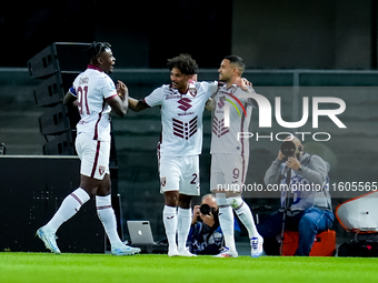 Antonio Sanabria of Torino FC celebrates after scoring first goal during the Serie A Enilive match between Hellas Verona and Torino FC at St...