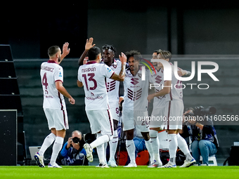 Antonio Sanabria of Torino FC celebrates after scoring first goal during the Serie A Enilive match between Hellas Verona and Torino FC at St...