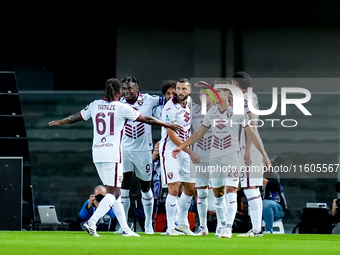 Antonio Sanabria of Torino FC celebrates after scoring first goal during the Serie A Enilive match between Hellas Verona and Torino FC at St...