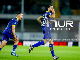 Grigoris Kastanos of Hellas Verona celebrates after scoring first goal during the Serie A Enilive match between Hellas Verona and Torino FC...