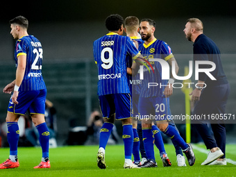 Grigoris Kastanos of Hellas Verona celebrates after scoring first goal during the Serie A Enilive match between Hellas Verona and Torino FC...