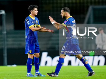 Grigoris Kastanos of Hellas Verona celebrates after scoring first goal during the Serie A Enilive match between Hellas Verona and Torino FC...