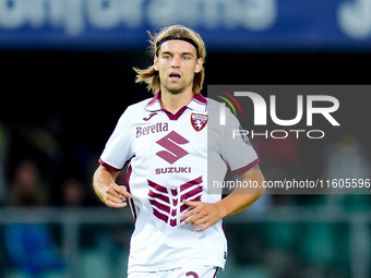 Borna Sosa of Torino FC looks on during the Serie A Enilive match between Hellas Verona and Torino FC at Stadio Marcantonio Bentegodi on Sep...