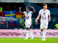 Duvan Zapata of Torino FC celebrates after scoring second goal during the Serie A Enilive match between Hellas Verona and Torino FC at Stadi...