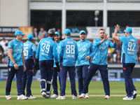 England's Will Jacks celebrates with his teammates after taking the wicket of Marnus Labuschagne during the Metro Bank One Day Series match...