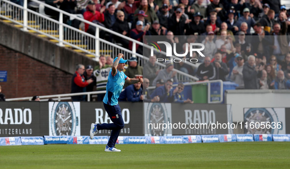 Brydon Carse of England celebrates after taking the catch of Steven Smith of Australia during the Metro Bank One Day Series match between En...