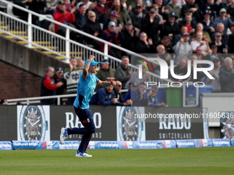 Brydon Carse of England celebrates after taking the catch of Steven Smith of Australia during the Metro Bank One Day Series match between En...