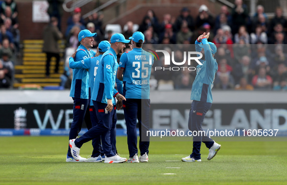 Brydon Carse of England celebrates after taking the catch of Steven Smith of Australia during the Metro Bank One Day Series match between En...