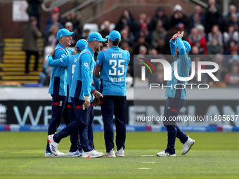 Brydon Carse of England celebrates after taking the catch of Steven Smith of Australia during the Metro Bank One Day Series match between En...