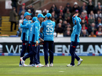 Brydon Carse of England celebrates after taking the catch of Steven Smith of Australia during the Metro Bank One Day Series match between En...