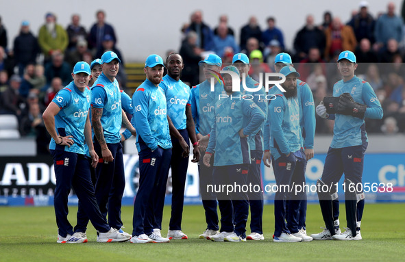 Brydon Carse of England celebrates after taking the catch of Steven Smith of Australia during the Metro Bank One Day Series match between En...