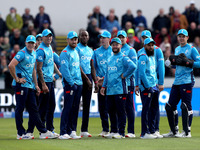 Brydon Carse of England celebrates after taking the catch of Steven Smith of Australia during the Metro Bank One Day Series match between En...