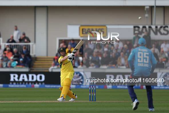 Australia's Steve Smith is caught by England's Brydon Carse off the bowling of Jofra Archer during the Metro Bank One Day Series match betwe...