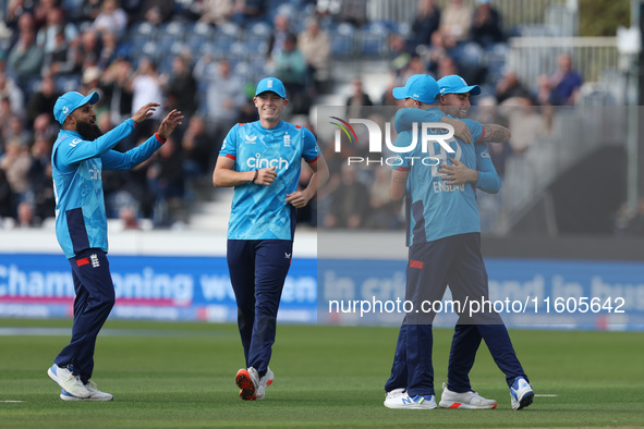 England's Brydon Carse celebrates after catching Australia's Steve Smith off the bowling of Jofra Archer during the Metro Bank One Day Serie...