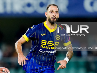 Grigoris Kastanos of Hellas Verona looks on during the Serie A Enilive match between Hellas Verona and Torino FC at Stadio Marcantonio Bente...