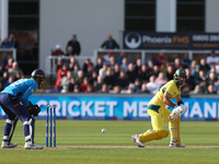 Australia's Glenn Maxwell reverse sweeps during the Metro Bank One Day Series match between England and Australia at the Seat Unique Riversi...