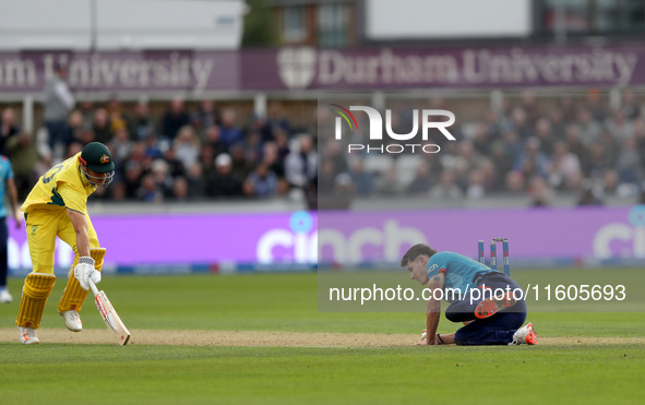 Matthew Potts of England runs out Aaron Hardie of Australia during the Metro Bank One Day Series match between England and Australia at the...