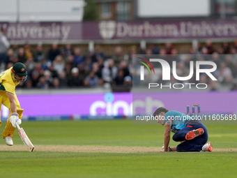 Matthew Potts of England runs out Aaron Hardie of Australia during the Metro Bank One Day Series match between England and Australia at the...