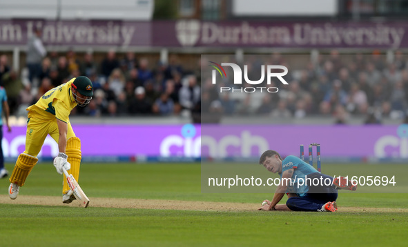 Matthew Potts of England runs out Aaron Hardie of Australia during the Metro Bank One Day Series match between England and Australia at the...