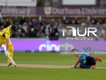 Matthew Potts of England runs out Aaron Hardie of Australia during the Metro Bank One Day Series match between England and Australia at the...