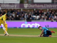 Matthew Potts of England runs out Aaron Hardie of Australia during the Metro Bank One Day Series match between England and Australia at the...