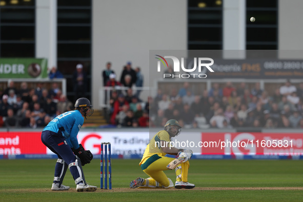 Australia's Glenn Maxwell switch hits during the Metro Bank One Day Series match between England and Australia at the Seat Unique Riverside...