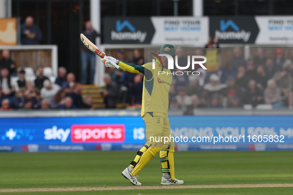 Alex Carey of Australia celebrates after scoring fifty during the Metro Bank One Day Series match between England and Australia at the Seat...