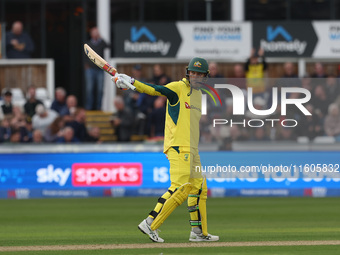 Alex Carey of Australia celebrates after scoring fifty during the Metro Bank One Day Series match between England and Australia at the Seat...